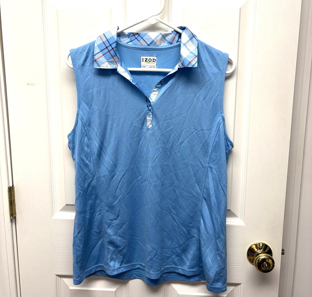 Izod Blue Sleeveless Polo Plaid Collar Golf Shirt Quick Dry Preppy Size XL